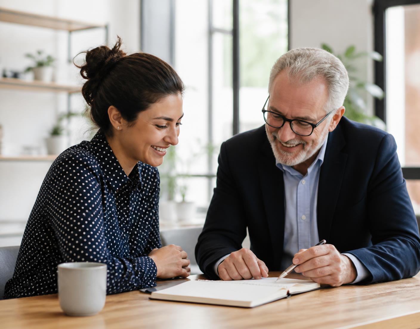 Une dirigeante d'entreprise échange avec un expert autour d'une table de travail